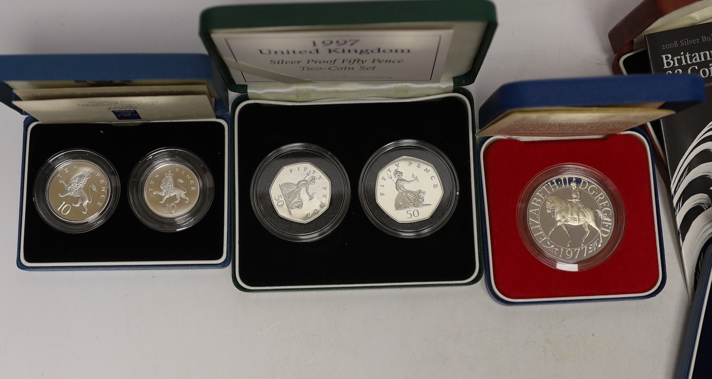 Royal Mint UK QEII proof coins - 1981 Marriage of HRH Prince of Wales and Lady Diana Spencer crown, 1977 Queen‘s silver jubilee crown, 1997 fifty pence two-coin set, 1992 ten pence two-coin set and 1990 five pence two-co